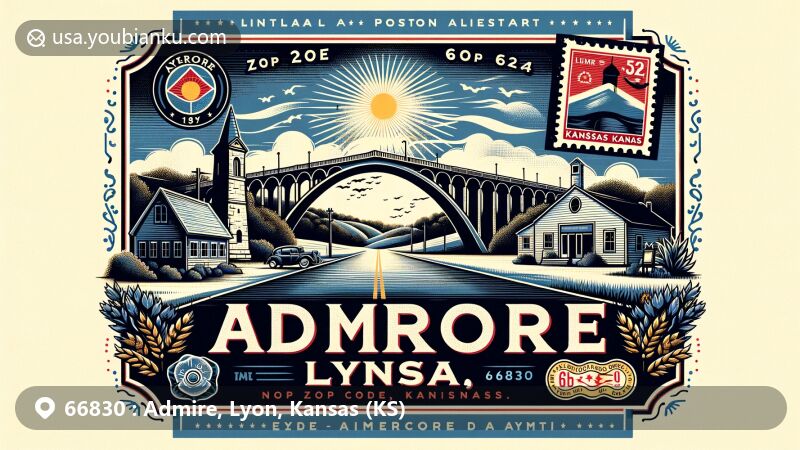 Creative illustration of Admire, Lyon, Kansas, highlighting iconic limestone arch bridge and local charm, with vintage postcard layout showcasing ZIP code 66830, Kansas state flag, and symbols of Lyon County.
