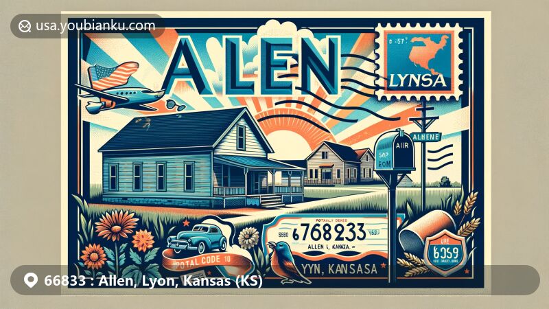 Modern illustration of Allen, Lyon, Kansas, showcasing postal theme with ZIP code 66833, highlighting rural charm, tranquil lifestyle, and humid subtropical climate, featuring Kansas state flag and mail-related symbols.