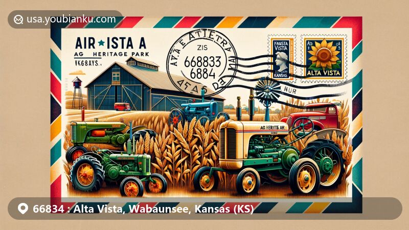 Modern illustration of Ag Heritage Park, Alta Vista, Kansas, blending agricultural heritage and vintage farm tractors with postal elements like stamps and airmail motifs.