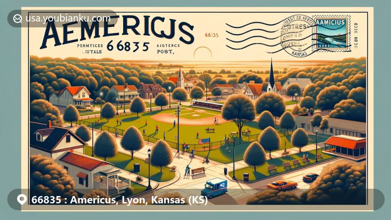 Modern illustration of Americus, Kansas, highlighting the community spirit, postal elements, and leisurely atmosphere of this tranquil neighborhood with a vintage postcard layout and postal motifs.