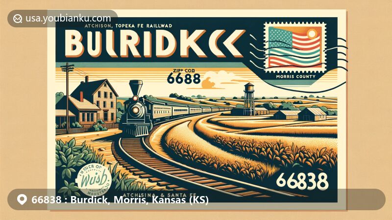 Vintage-style illustration of Burdick, Morris County, Kansas, with ZIP code 66838, featuring Atchison, Topeka & Santa Fe Railroad history and Flint Hills backdrop.