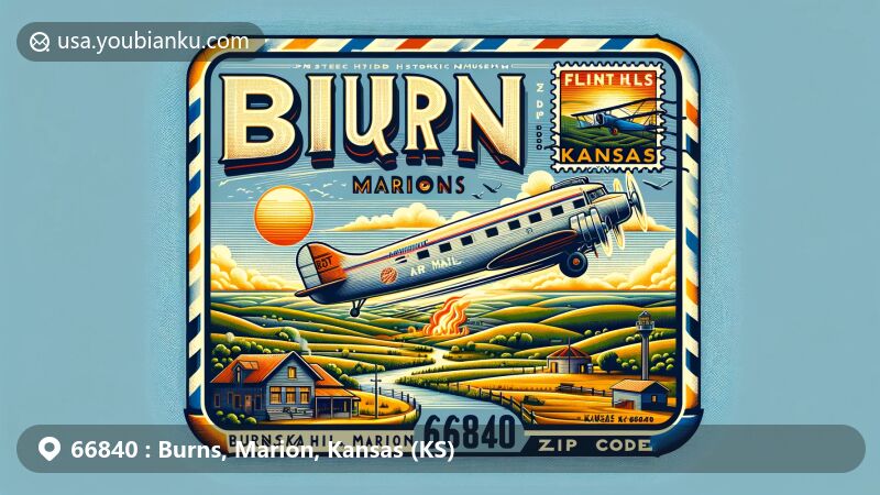 Modern illustration of Burns, Marion County, Kansas, featuring creative postal theme with vintage airmail envelope, Flint Hills landscape, and historical museum, centered around ZIP code 66840.