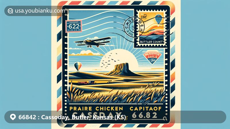 Modern illustration of Cassoday, Butler County, Kansas, showcasing postal theme with ZIP code 66842, featuring the Flint Hills region with Teter Rock and native prairie grasses, highlighted by a sunrise and 'Prairie Chicken Capital of the World' text.