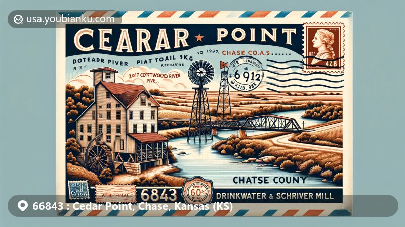 Modern illustration of Cedar Point, Chase County, Kansas, showcasing historic Drinkwater & Schriver Mill by the Cottonwood River, surrounded by rural elements and Flint Hills backdrop, with vintage postal elements like stamp, postmark, and ZIP code 66843.