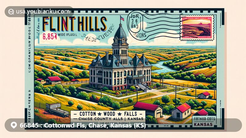 Modern illustration of Cottonwood Falls, Chase County, Kansas, featuring Flint Hills' natural beauty and historic Chase County Courthouse, with postal theme showcasing ZIP code 66845 and Kansas state outline.