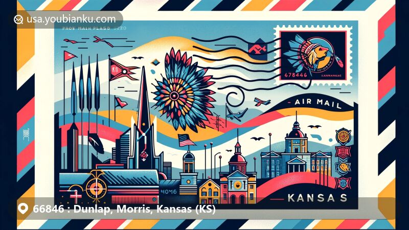 Modern illustration of Dunlap, Morris, Kansas (KS), featuring Allegawaho Memorial Heritage Park and Santa Fe Trail, showcasing ZIP code 66846 and Kansas state flag.