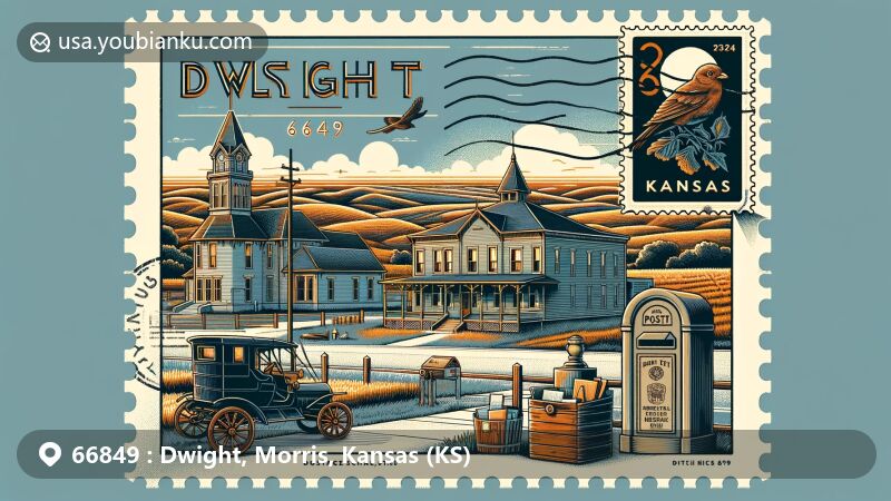 Modern illustration of Dwight, Kansas, highlighting postal theme with ZIP code 66849, featuring Flint Hills scenery and iconic landmarks like Swartz School Museum.