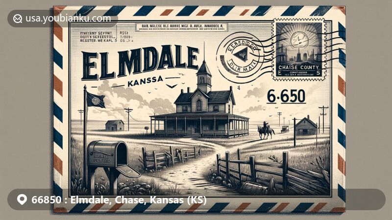 Modern illustration of Elmdale, Kansas, capturing the essence of a ghost town with ZIP code 66850, featuring vintage airmail envelope and blend of historical and contemporary elements.
