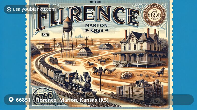 Modern illustration of Florence, Marion County, Kansas (KS) representing ZIP Code 66851, featuring the 1876 Harvey House Museum, native prairie landscape, and vintage railway theme.