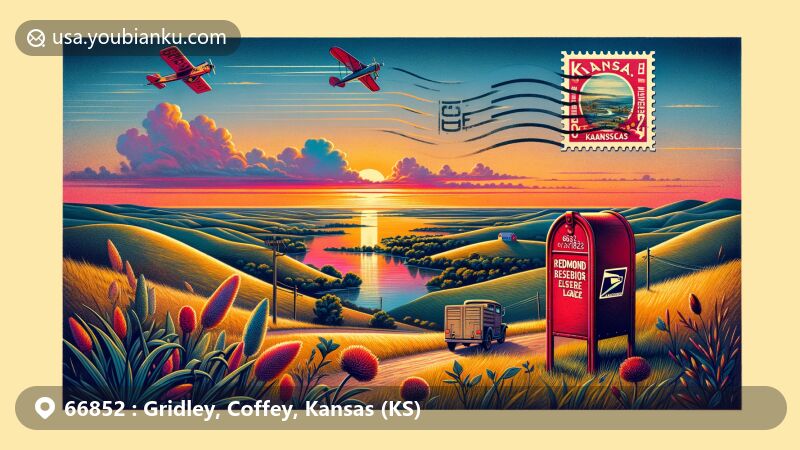 Modern illustration of Gridley, Coffey, Kansas (KS), showcasing a vibrant postcard scene with Flint Hills, Osage Prairie, Redmond Reservoir, and Melvern Lake. Features a classic red mailbox and letters marked with ZIP Code 66852, adorned with a vintage Kansas state flag stamp.