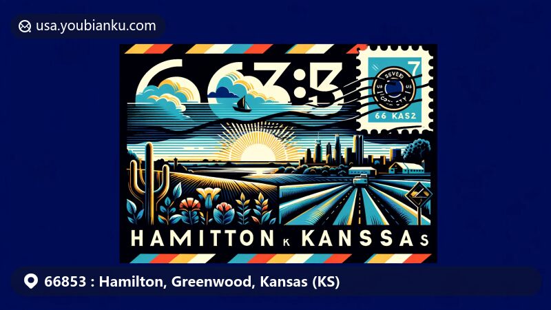 Modern illustration of Hamilton, Greenwood County, Kansas, capturing the essence of rural setting with wide fields and farmlands, featuring ZIP code 66853 and postal symbols like stamps and envelopes.