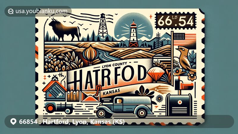 Modern illustration representing Hartford, Lyon County, Kansas, with postal theme and ZIP code 66854, incorporating landscape elements, local symbols, and community vibes, featuring Kansas state flag motifs.