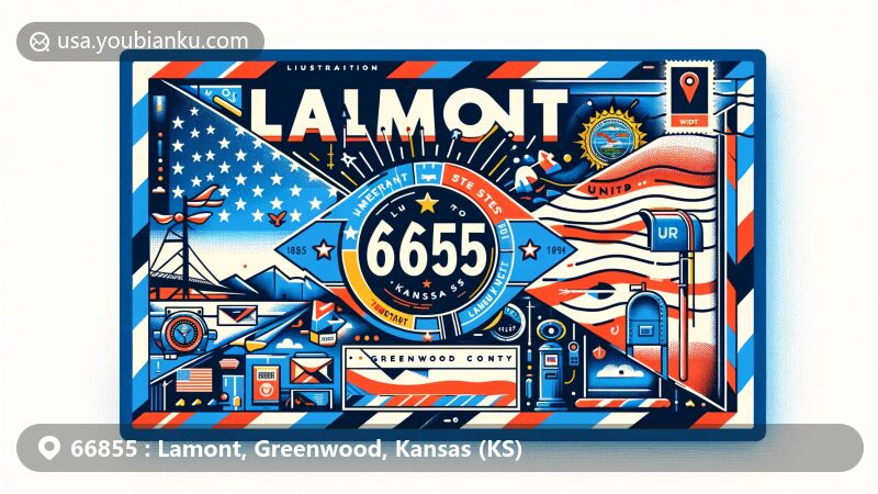 Modern illustration of Lamont, Greenwood County, Kansas, depicting ZIP code 66855, with airmail envelope design, featuring Lamont name and postal elements.