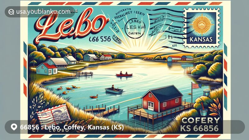 Modern illustration of Lebo, Kansas, showcasing postcard theme with ZIP code 66856, featuring Lebo City Lake, Kansas state flag, and Melvern Lake.