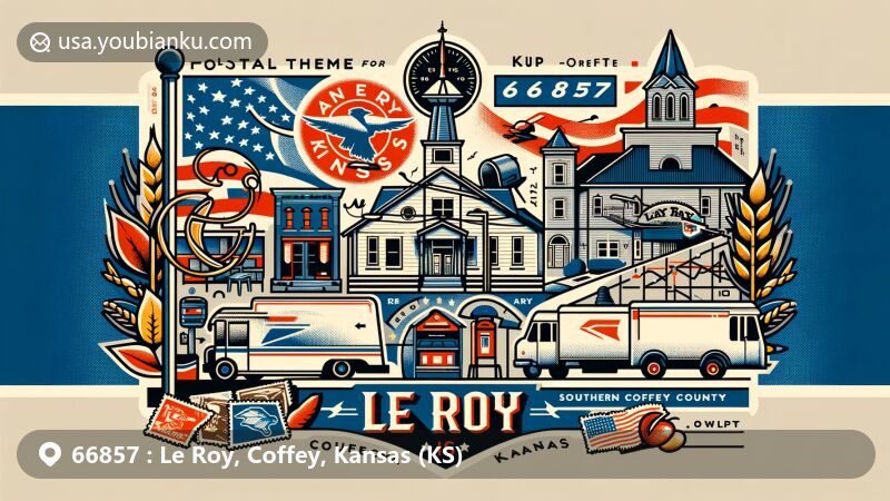Modern illustration of Le Roy, Kansas, showcasing postal theme with ZIP code 66857, featuring local symbols like main street, church, and Southern Coffey County Titans mascot, along with Coffey County outline and Kansas cultural elements.