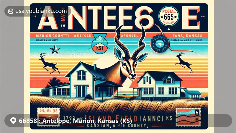 Modern illustration of Antelope, Marion County, Kansas, featuring postal theme with ZIP code 66858, showcasing Flint Hills landscape, antelope symbol, and Island Field Ranch House.