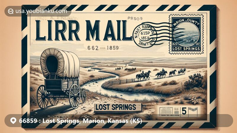 Modern illustration of Lost Springs, Kansas, in Marion County, featuring vintage airmail envelope highlighting historical connection to the Santa Fe Trail, depicting detailed trail map, wagon ruts, Lost Spring water source, and station marker with ZIP Code 66859.