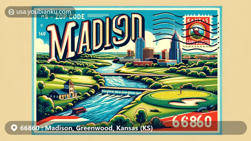 Modern illustration of Madison, Greenwood County, Kansas, showcasing postal theme with ZIP code 66860, featuring Verdigris River, Madison Golf Course, Kansas state flag, and vibrant colors.