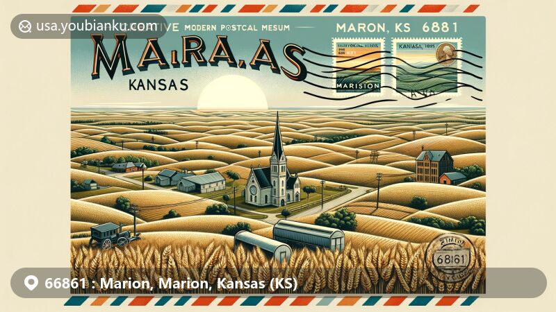 Modern illustration of Marion, Marion County, Kansas, displaying aerial perspective in the picturesque Flint Hills, highlighting its location in the Great Plains. Featuring Marion Historical Museum housed in the former 1887 First Baptist Church, paying homage to local culture and history. Additionally showcasing iconic Kansas wheat fields symbolizing the region's agricultural heritage. The design integrates postal elements like airmail border, vintage stamps showcasing Flint Hills and Marion Historical Museum, and a postmark with 'Marion, KS 66861'. The artwork conveys Marion's rich heritage and natural beauty in a contemporary illustration style suitable for web.