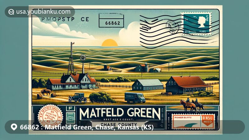 Modern illustration of Matfield Green, Chase County, Kansas, showcasing Flint Hills vistas, Pioneer Bluffs museum, and postal theme with ZIP code 66862.