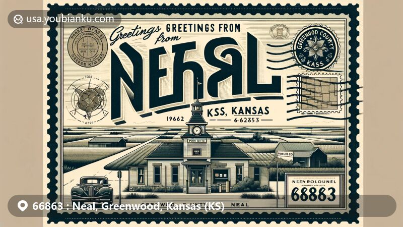 Modern illustration of Neal, Greenwood County, Kansas, highlighting postal theme with ZIP code 66863, featuring post office established in 1882 and Greenwood County symbols.