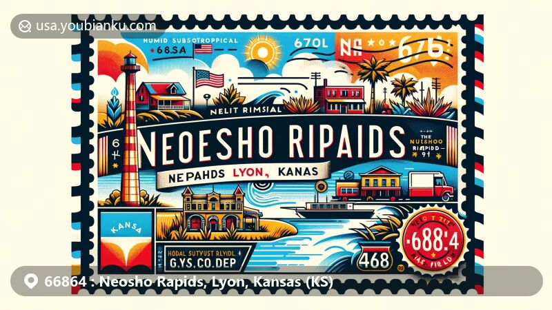 Modern illustration of Neosho Rapids, Lyon, Kansas, featuring symbols of Kansas and hinting at the humid subtropical climate, with a nod to the historical Great Flood of 1951, showcasing postal theme with vintage postcard elements and ZIP code 66864.