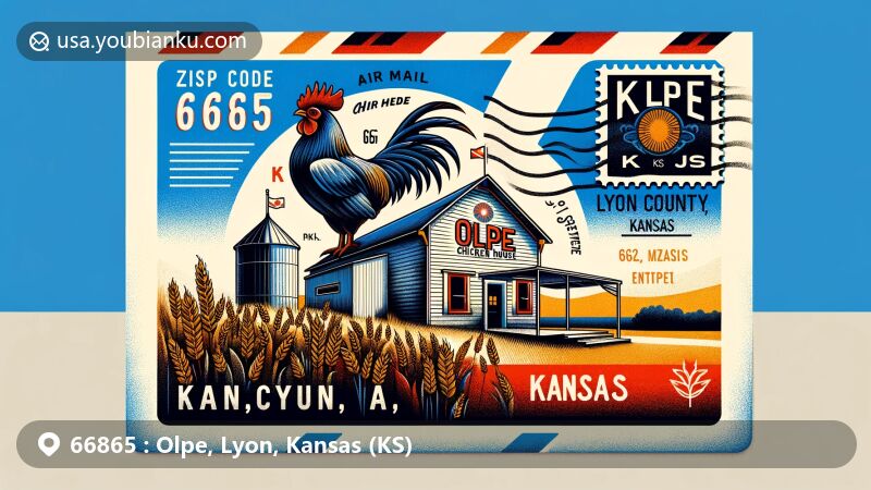 Illustration of Olpe Chicken House, symbolizing community spirit in Olpe, Kansas, featuring postal theme with ZIP code 66865, showcasing Kansas state flag and local geography elements.