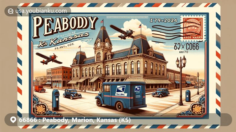Modern illustration of Peabody, Kansas, highlighting postal theme with ZIP code 66866, showcasing Peabody Downtown Historic District's Victorian architecture and landmarks against Kansas landscape.