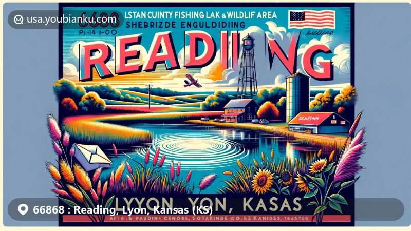 Modern illustration of Reading, Lyon County, Kansas, showcasing postal theme with ZIP code 66868, featuring Lyon County State Fishing Lake & Wildlife Area, recovery from tornado, local community landmarks, and Kansas state symbols.