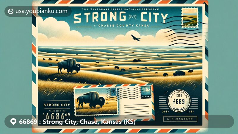 Modern illustration of Strong City, Chase County, Kansas, highlighting expansive Flint Hills prairies, Tallgrass Prairie National Preserve, bison grazing peacefully, and vintage airmail postal theme with ZIP code 66869.