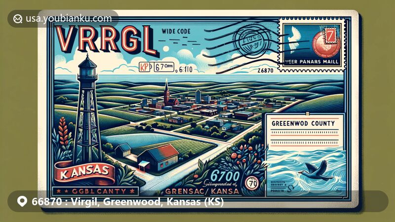 Modern illustration of Virgil, Kansas, showcasing postcard design with ZIP code 66870, capturing rural and small-town atmosphere of Greenwood County, Kansas.