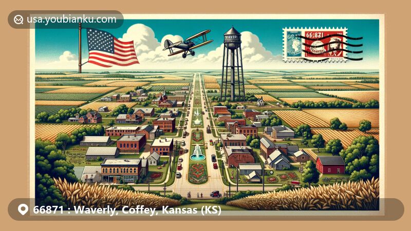 Modern illustration of Waverly, Kansas, showcasing small farming community with Waverly High School, iconic water tower, and Ohio Days celebration, featuring vintage postcard theme and aviation stamp in honor of Olive Ann Beech, set in ZIP Code 66871.