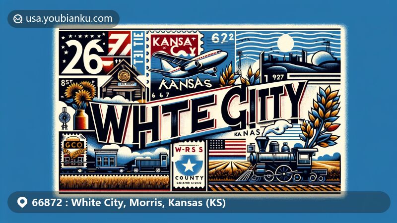 Modern illustration of White City, Kansas, emphasizing ZIP code 66872 and postal theme, incorporating Kansas state flag, Morris County outline, and symbols of agricultural heritage and M-K-T Railroad.