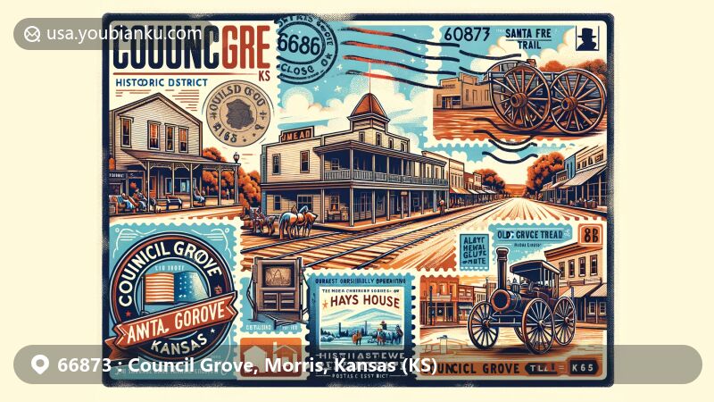 Modern illustration of Council Grove, Morris County, Kansas, featuring historic Main Street and the old Santa Fe Trail, highlighting iconic Hays House, wagon wheel ruts, and Council Grove Historic District sign, with vintage postal elements including a postage stamp and postmark for ZIP code 66873.