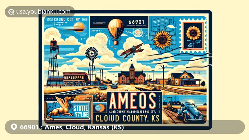 Modern illustration of Ames, Cloud County, Kansas, featuring postal theme with ZIP code 66901, showcasing Cloud County Historical Society Museum, Whole Wall Mural, Kansas state symbols like the sunflower and cottonwood tree.