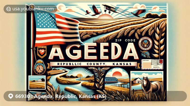 Wide-format illustration of Agenda, Republic County, Kansas, capturing small-town charm and Kansas cultural and natural beauty, featuring rural landscape, vintage postal elements, Kansas state flag, and prairie ecosystem.