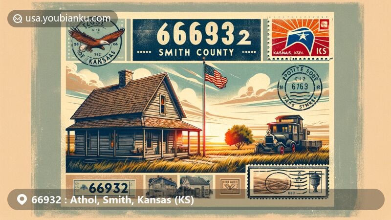 Modern illustration of Athol, Smith County, Kansas, featuring the 'Home on the Range' cabin and postal elements, highlighting the origin of the state song with ZIP code 66932.