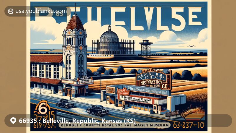 Modern illustration of ZIP code 66935, Belleville, Kansas, featuring Blair Theatre, Republic County Historical Society Museum, and High Banks Hall of Fame Auto Racing Museum, set against wide Kansas skies and agricultural landscapes.
