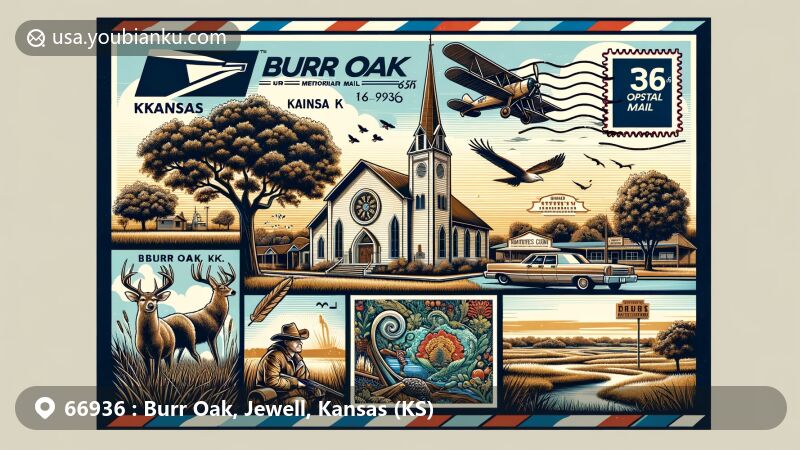 Modern illustration of Burr Oak, Kansas, featuring vintage air mail envelope with ZIP code 66936, showcasing Burr Oak Methodist Church and local wildlife, reflecting natural beauty and community spirit.