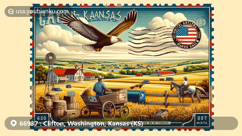 Modern illustration of Clifton, Kansas, featuring ZIP code 66937, blending serene Midwestern town atmosphere with demographic details from census data. Includes Clifton-Clyde High School Eagles mascot, Kansas landscape, and postal elements.