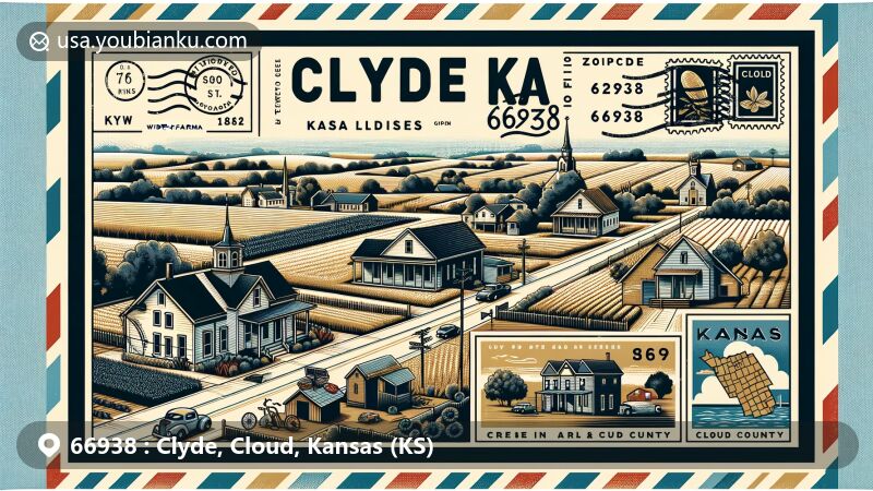 Modern illustration of Clyde, Kansas, Cloud County, showcasing postal theme with ZIP code 66938, capturing historic charm of town founded in 1867, embodying essence of small-town America.