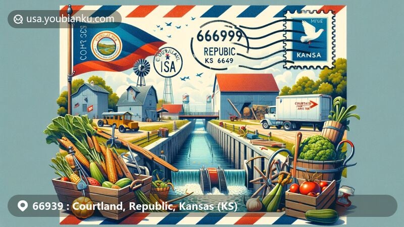 Vibrant illustration of ZIP Code 66939, Courtland, Republic, Kansas, featuring agricultural heritage, canals from Republican River, locally grown produce, Courtland Arts Center, vintage air mail envelope with Kansas state flag stamp and postmark, agricultural tools, and community spirit.
