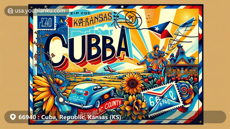 Modern illustration of Cuba, Republic County, Kansas, highlighting Czech heritage and postal theme with ZIP code 66940, featuring Kansas symbols like the sunflower and Western Meadowlark.