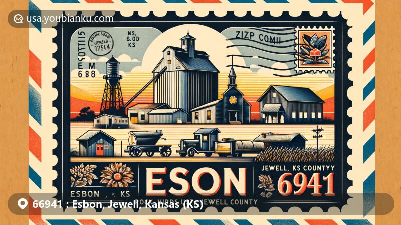 Modern illustration of Esbon, Jewell County, Kansas, highlighting postal theme with vintage airmail envelope, showcasing key elements of Esbon and Jewell County. Featuring a grain silo to honor the main commercial and agricultural community, stylized houses for population representation, a church for local religious life, and a subtle reference to local school district Rock Hills USD 107. Background hints at the Kansas state flag for broader state identity, integrated with stamps, 'Esbon, KS 66941' postmark, and vintage mailbox.