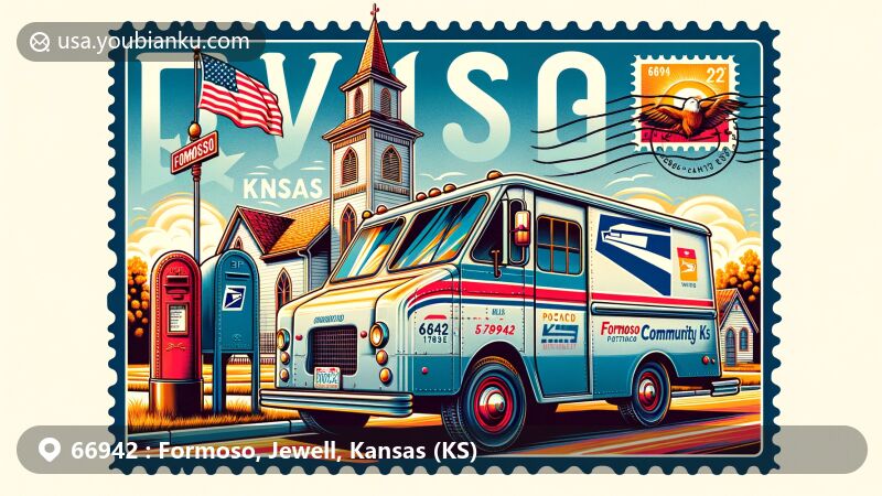 Modern illustration of Formoso, Jewell, Kansas (KS), featuring Formoso Community Church in the background, a vintage postal truck with Kansas state flag colors, and a classic American mailbox. The artwork includes a postcard element showcasing ZIP Code 66942 and 'Formoso, KS', with a stylized postmark symbolizing the town's postal heritage. Seamlessly integrating postal themes like postcards, ZIP Codes, and postmarks into the landscape depiction, the vibrant and eye-catching style highlights the uniqueness of the location and its postal connections.