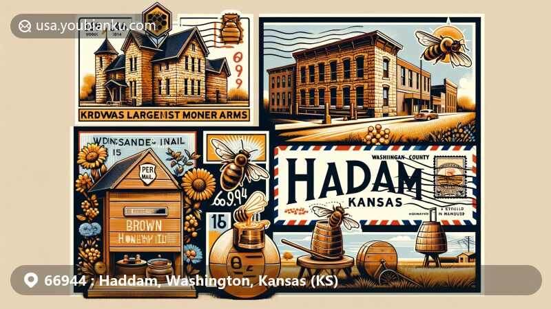 Modern illustration of Haddam, Washington County, Kansas (KS), showcasing Brown Honey Farms and the historic stone jail built by women in 1901, reflecting the town's rich history and community pride.