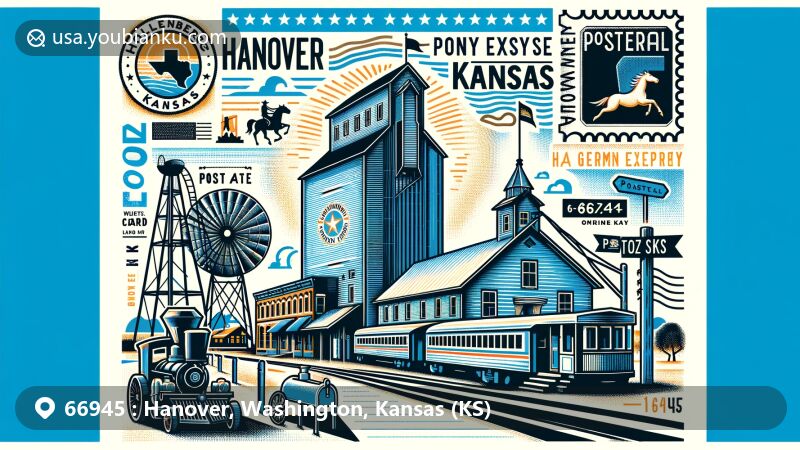 Creative illustration of Hanover, Kansas, featuring vintage grain elevator, Hollenberg Pony Express Station, German heritage nods, postal motifs, and vibrant color scheme.