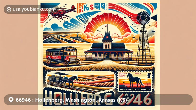 Modern illustration of Hollenberg, Kansas, showcasing postal theme with ZIP code 66946, featuring Pony Express Station and Kansas landscape, creatively incorporating state symbols and county outline.