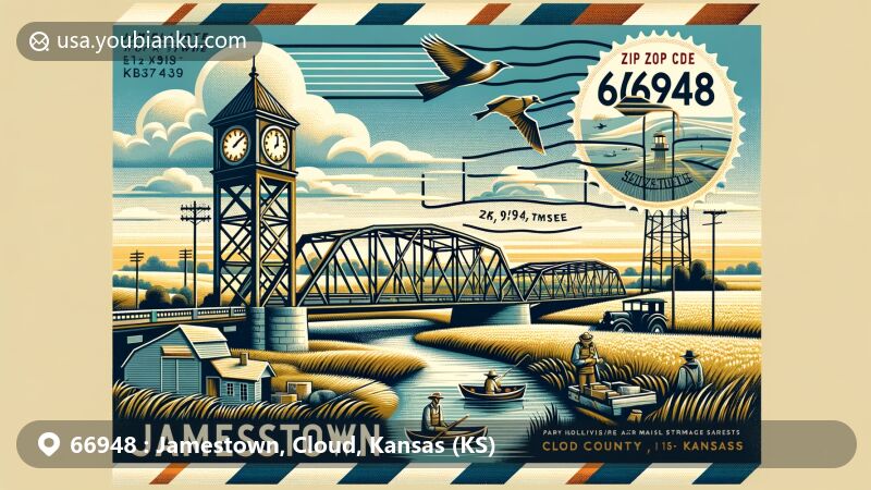 Modern illustration of Jamestown, Cloud County, Kansas, represented by postal code 66948, featuring Jim Elliott Clock Tower Bridge as a local landmark symbolizing community-nature connection and outdoor activities like fishing and hunting in Jamestown Wildlife Area. The background hints at the agricultural landscape of the area, creatively integrating postal elements such as a vintage airmail envelope opened to showcase Jamestown's features. The postal code '66948' is prominently displayed along with stylized bird representing the importance of hunting season.