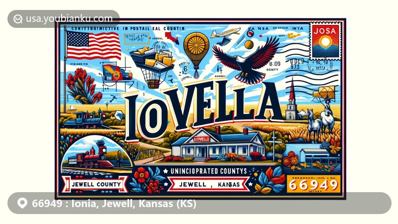 Modern illustration of Ionia community in Jewell County, Kansas, highlighting heritage and geographical features, including Fort Jewell, postal elements, and Kansas state symbol.